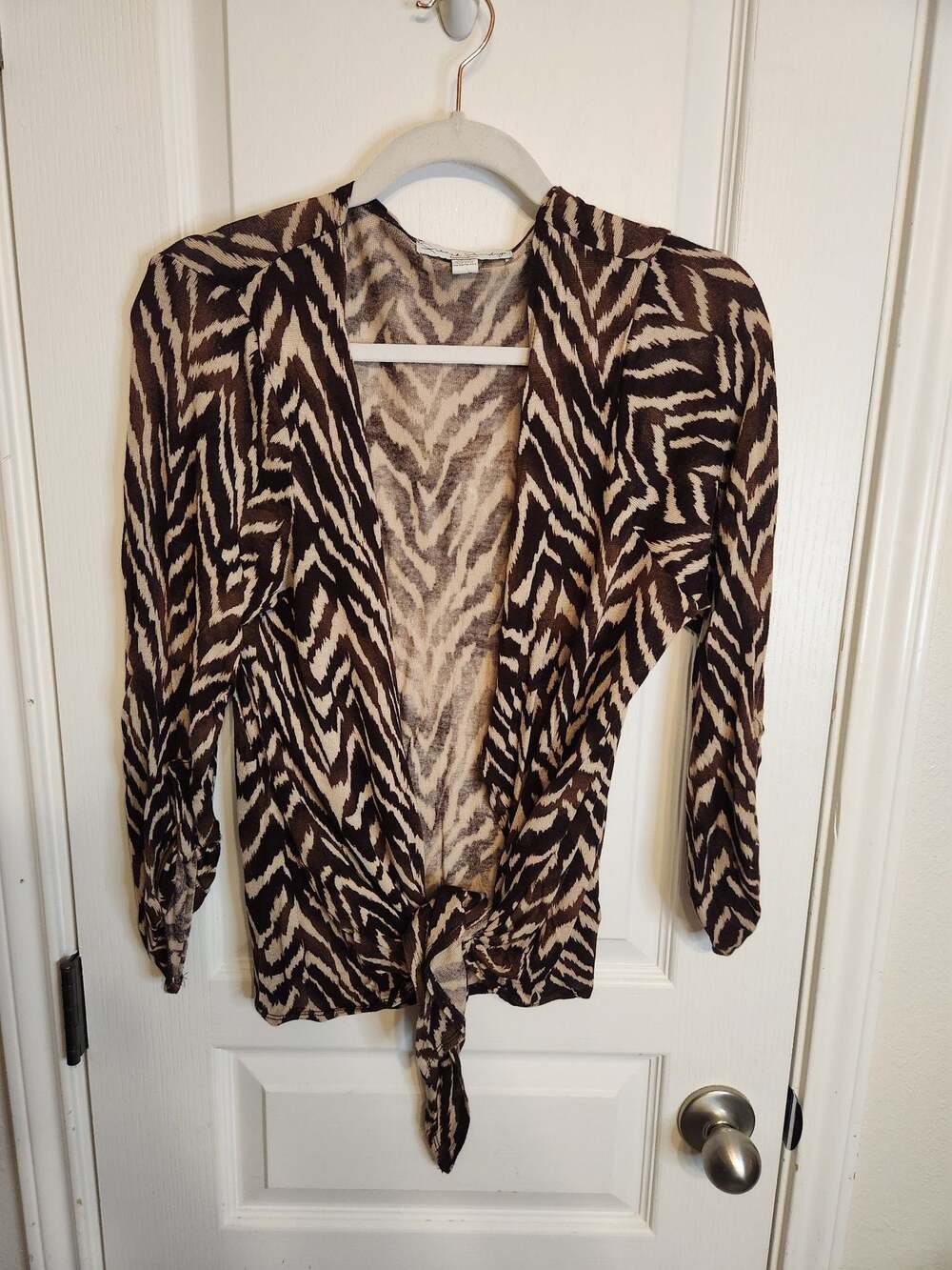 French Laundry Women's Zebra Print Tie-Front Cardigan Top